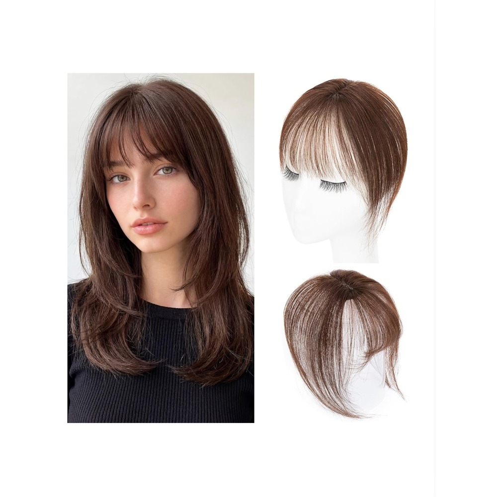 S-noilite Clip in Bangs 100% Real Human Hair 3D Air Bangs Dark Brown Natural
